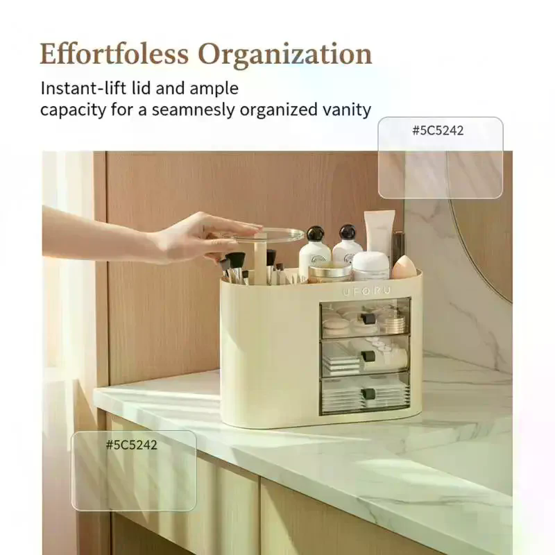 Beauty Makeup Vanity Set - กล่องเก็บเครื่องสำอางแบบลิ้นชักขนาดใหญ่ พร้อมระบบยกอัตโนมัติ สำหรับจัดระเบียบเครื่องสำอาง เหมาะสำหรับสาวๆ ผู้หญิง ใช้ในห้องแต่งหน้าและห้องความงาม