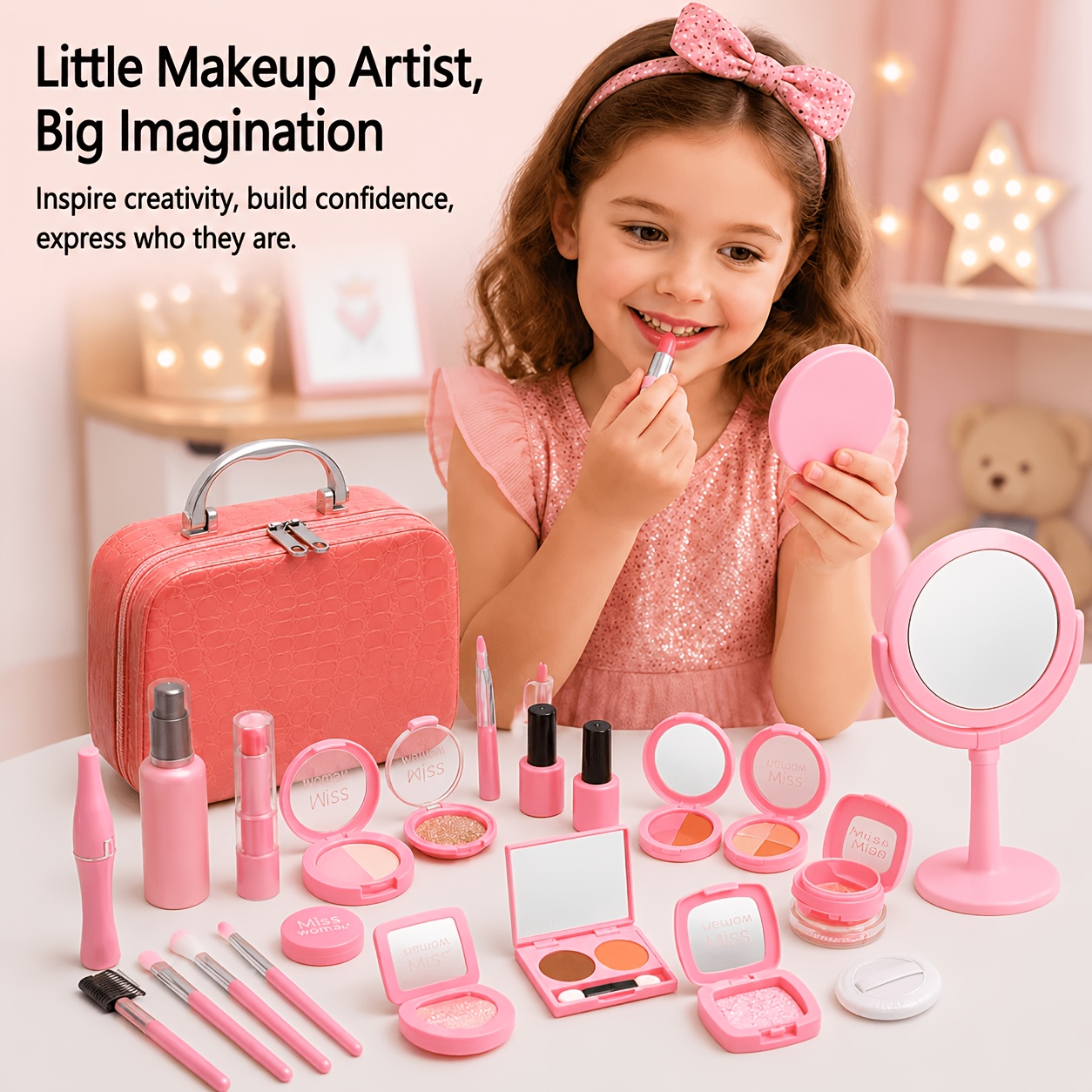 Beauty Makeup Set For Kids - ชุดแต่งหน้าเด็ก 22 ชิ้น, กระเป๋าแต่งหน้า PU ลายจระเข้สีชมพู,